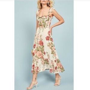 REFORMATION NIKITA Ruffle Shoulder Tie Crepe Midi